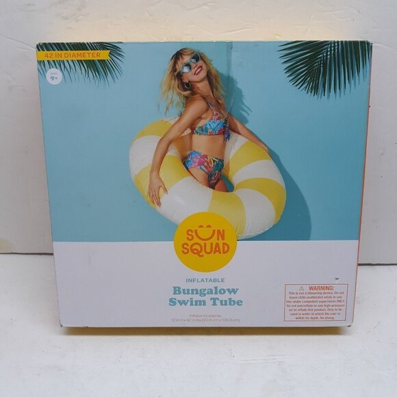 Sun Squad Pool Swim 42’ Inflatable Tube Ring Float Yellow White Stripes New - Picture 3 of 4